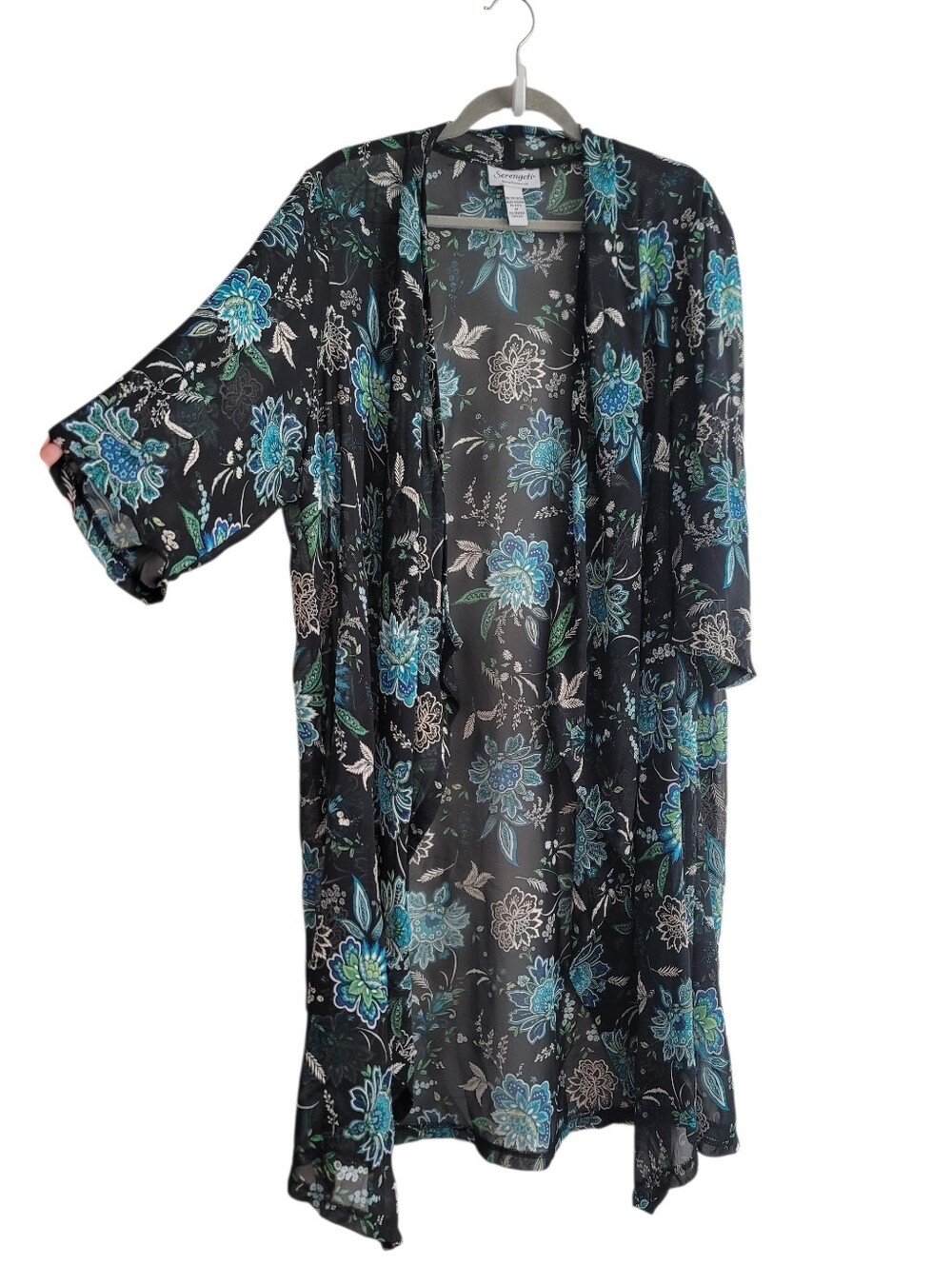 Serengeti 1X Black Floral Sheer Duster Teal White Flowers Open Cardigan
